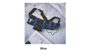 Detail of blue tactical crossbody bag featuring utility pockets and metallic chain decoration