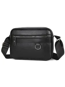 Minimalistische schwarze Leder Umhängetasche für Herren mit feiner Kieselmaserung
