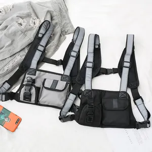 Reflective tactical chest bag for men and women with adjustable straps and nylon mesh back
