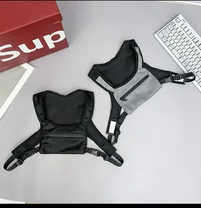 Close-up of tactical chest rig bags featuring breathable mesh and adjustable straps