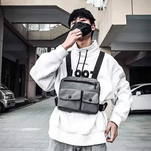 Sac de Poitrine Tactique Techwear Unisexe Streetwear Multi-poches Tissu Oxford Sac de Gilet avec Bretelles Réglables