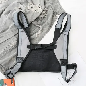 Tactical reflective chest rig bag with adjustable straps and breathable black mesh material