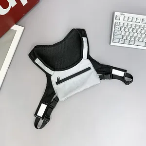 Tactical chest bag with breathable black mesh and reflective silver pocket for street style