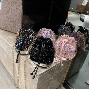 Glitter sequin bucket bag for women with gold chain strap in multiple trendy colors