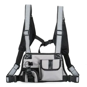 Reflective tactical chest bag in grey with high-visibility straps and nylon fabric