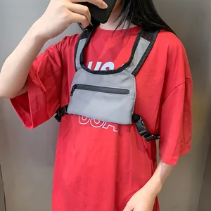 Streetwear grey reflective tactical chest bag with adjustable straps and zip pocket