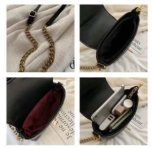 Detailed views of black quilted bucket bag with gold chain strap and spacious interior