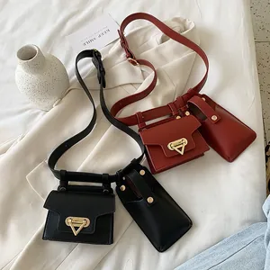 Women Fashion PU Leather Waist Bag Crossbody Small Square Bag And Phone Pouch With Triangle Metal Buckle Adjustable Belt