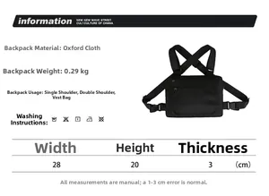 Tableau des tailles du sac de poitrine tactique en tissu Oxford noir 28x20x3cm