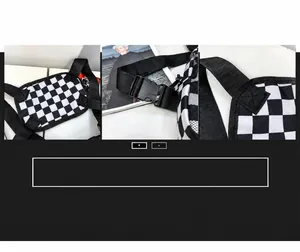 Detail of hip hop chest bag showing nylon straps, sturdy buckles and checkerboard print
