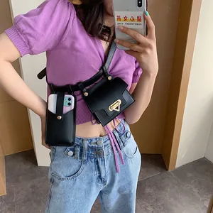 Women's trendy black leather waist bag set with gold triangle buckle and phone pouch
