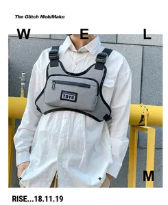 Close-up of grey tactical chest bag featuring TDYU logo and adjustable nylon strap buckles