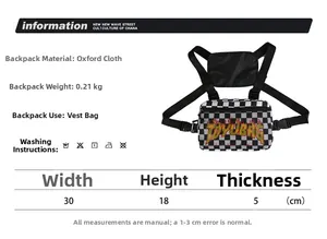 Detail view of checkerboard chest bag with adjustable straps and yellow logo design