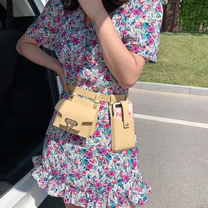 Chic cream leather belt bag set with mini square pouch and mobile phone holder for women