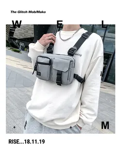 Close-up of grey tactical chest bag featuring multi-pockets and adjustable nylon straps
