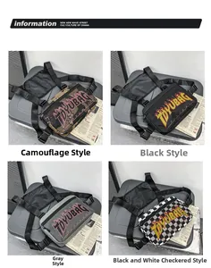 Detailed display of hip hop chest bags in camo, flame black, grey, and checkerboard patterns