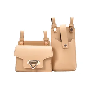 Modern light khaki PU leather waist bags set with metal hardware and minimalist design