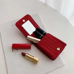 Mini PU Leather Lipstick Organizer Bag With Mirror Portable Vertical Stripe Cosmetic Makeup Pouch For Women Travel Daily