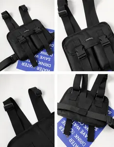 Detail display of black tactical chest bag with adjustable straps and durable buckle