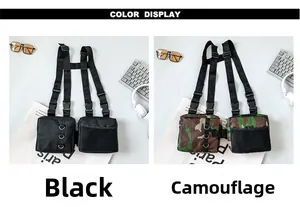 Tactical sling bag color options in black and camouflage with adjustable nylon straps