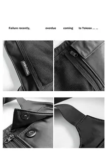 Dettaglio del borsello tattico in nylon nero con rete traspirante e cerniere metalliche