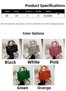 Size chart for crocodile pattern PU handbag with precise dimensions and weight details
