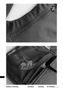 Dettaglio borsa da petto in nylon nero con cerniere metalliche e scomparto a rete