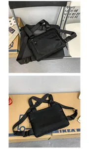 Détails avant et arrière d'un sac de poitrine tactique en nylon noir avec doubles zips