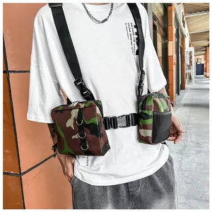 Detail of tactical chest bag with dual pockets and mesh side pouch in camo pattern