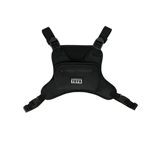 Streetwear black nylon chest bag with adjustable straps and breathable mesh panel