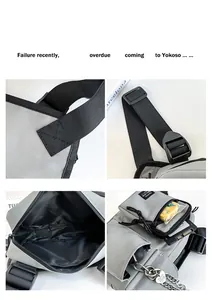 Macro details of gray tactical chest bag showing straps, buckles and inner storage space