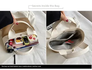 Dettaglio dell'interno della borsa tote che mostra lo scomparto principale e le tasche