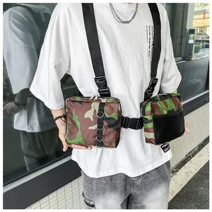 Detail of woodland camouflage tactical chest bag with dual pockets and mesh pocket