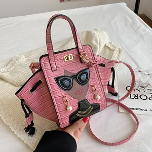 Borsa a Mano da Donna alla Moda con Motivo Coccodrillo Decoro Viso Cartoon Borsa a Tracolla Pendaglio di Künstliche Perle Pelle PU