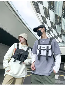 Detailed close-up of tactical chest bags featuring multi-pocket design and adjustable straps