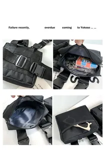 Detailed views of the black tactical chest bag showing multiple pockets and spacious interior