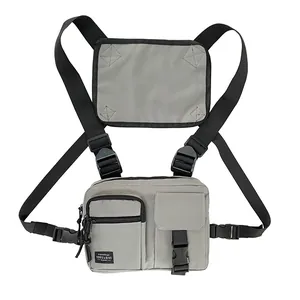 Tactical grey streetwear chest rig bag with functional dual pockets and adjustable black straps