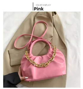 Pink PU leather shoulder bag with chic pleated design and golden chain decoration