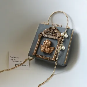 Retro grey square shoulder bag with baroque angel relief and golden chain