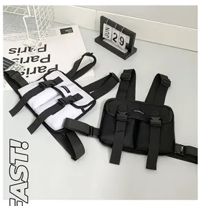Detail view of durable nylon street chest rig featuring quick-release buckles and dual pockets