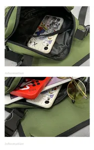 Vue détaillée du sac gilet vert militaire montrant le rangement intérieur et les filets