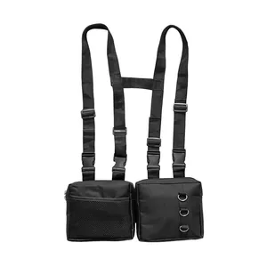 Tactical black nylon chest bag with dual utility pockets and adjustable buckle straps