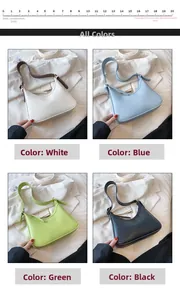 Detail view of four solid color PU hobo bags in white, blue, green and black finishes