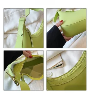 Detail view of lime green PU shoulder bag showing zipper closure and adjustable silver buckle