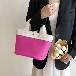 Borsa a mano minimalista in pelle PU bicolore con manico superiore e fibbia magnetica