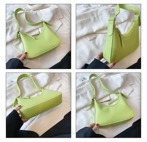 Detail view showing four angles of a light green crescent PU leather shoulder bag