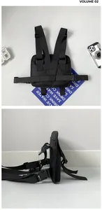 Detail view of black nylon tactical chest bag featuring adjustable straps and buckle