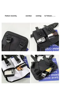 Tactical chest bag with dual pockets and buckles showing interior capacity for phone and camera