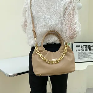 Women's pleated PU leather shoulder bag in khaki with a decorative gold chain strap