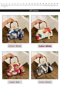 Macro view of Chinese retro crane print bags with bamboo handles and silk tassels